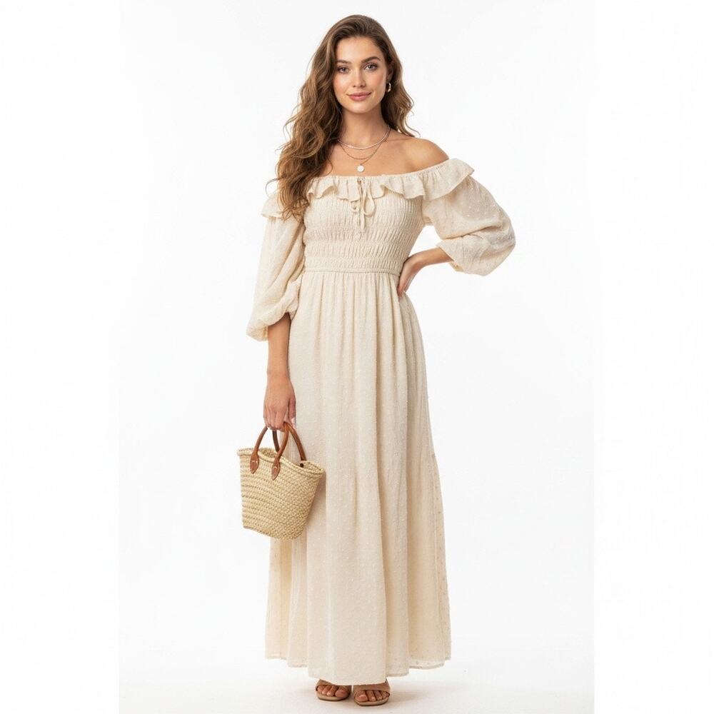 Milkmaid Maxi Dress Cream Off Shoulder Long Puff Sleeve Swiss Dot Large Coquette